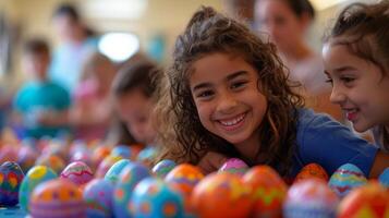AI generated Families gather to paint Easter eggs. vibrant colors, creative designs photo