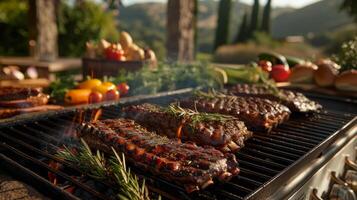 AI generated Fire up the grill for a feast. flames dancing as meats and veggies hit the grates photo