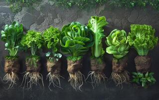 AI generated different types of lettuce with lots of roots and leaves photo