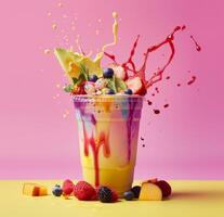 AI generated fruit smoothie with splashes of fresh fruit photo