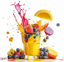 AI generated fruit smoothie with splashes of fresh fruit photo