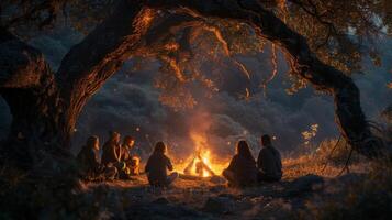 AI generated Gather around the campfire under a canopy of stars. laughter, storytelling, bonding moments illuminated by firelight photo