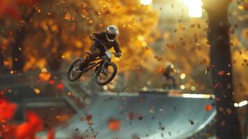 AI generated Highlight the excitement of BMX stunts. rider launching off a ramp, performing daring flips and tricks mid-air photo