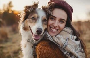 AI generated happy woman with dog, smiling photo