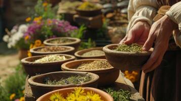 ai generado realce el tradicion de herbario medicamento. manos cuidadosamente seleccionando y mezcla hierbas y plantas foto