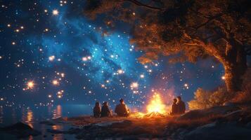 AI generated Gather around the campfire under a canopy of stars. laughter, storytelling, bonding moments illuminated by firelight photo