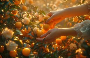 AI generated hands are picking fruit from a bush photo
