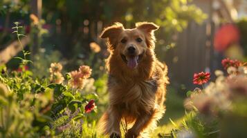 ai generado iluminar el alegría de un perro. cola meneando furiosamente, saltando mediante un patio interior jardín lleno foto