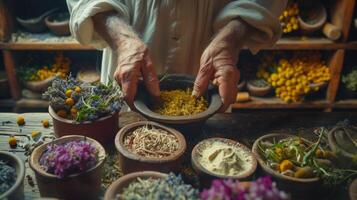 ai generado realce el tradicion de herbario medicamento. manos cuidadosamente seleccionando y mezcla hierbas y plantas foto