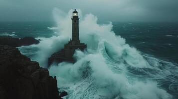 ai generado icónico faro soportes alto en contra estrellarse ondas. escabroso acantilados, dramático línea costera foto