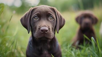 AI generated Labrador puppies are flowing through a green meadow. They are looking at the camera photo