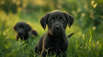 AI generated Labrador puppies are flowing through a green meadow. They are looking at the camera photo