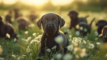 AI generated Labrador puppies are flowing through a green meadow. They are looking at the camera photo