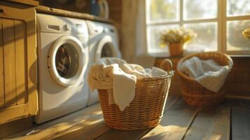 AI generated laundry in basket beside washing machine photo