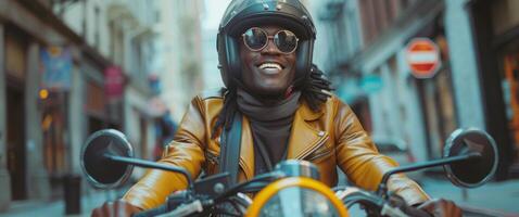 AI generated man on yellow motorcycle smiling photo