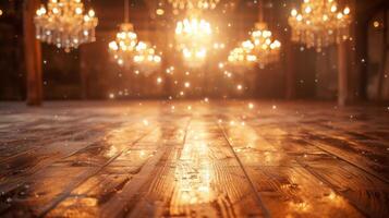 AI generated Reflections of chandeliers dancing on polished wood, adding glamour to the scene photo