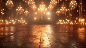 AI generated Reflections of chandeliers dancing on polished wood, adding glamour to the scene photo