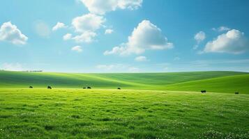 AI generated Rolling hills blanketed in a patchwork of emerald green fields photo