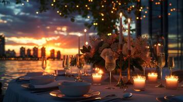 AI generated Set the stage for a sophisticated evening affair. a beautifully decorated outdoor table adorned with fine linens photo