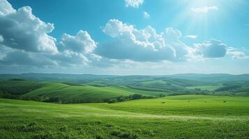 AI generated Rolling hills blanketed in a patchwork of emerald green fields photo