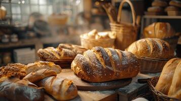 AI generated Satisfy the senses with rustic bakery delights. golden loaves of bread, flaky pastries photo
