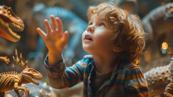 AI generated Spark curiosity and wonder. wide eyes, outstretched hands, a child captivated by a museum exhibit photo