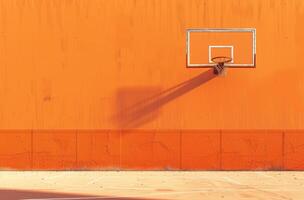 ai generado el baloncesto aro en frente de el naranja pared foto