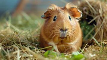 AI generated the coziness of a guinea pig. small rodent nestled in a bed of hay, nibbling contentedly on fresh vegetables photo