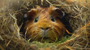 ai generado el comodidad de un Guinea cerdo. pequeño roedor anidado en un cama de heno, mordisqueando contentamente en Fresco vegetales foto