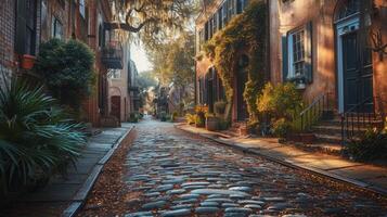 AI generated the charm of a historic district. cobblestone streets winding past quaint buildings photo