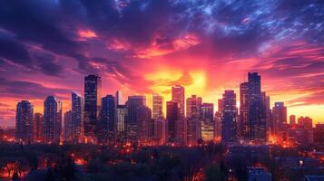 AI generated The iconic skyline of a cityscape, with towering skyscrapers illuminated against the backdrop of a fiery sunset photo