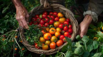 AI generated the pleasure of farm-to-table living. hands selecting freshly harvested vegetables from the garden photo