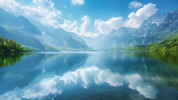 AI generated The serene beauty of a mountain lake, its crystal-clear waters reflecting the surrounding peaks like a perfect mirror photo