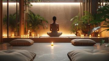 AI generated the tranquility of mindful meditation. serene meditation space with soft cushions and candles photo