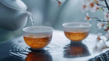 AI generated two cups of tea being poured into white cups photo