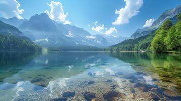 AI generated The serene beauty of a mountain lake, its crystal-clear waters reflecting the surrounding peaks like a perfect mirror photo