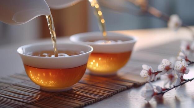 AI generated two cups of tea being poured into white cups photo