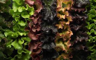 AI generated various different types of lettuce with rows in the field photo