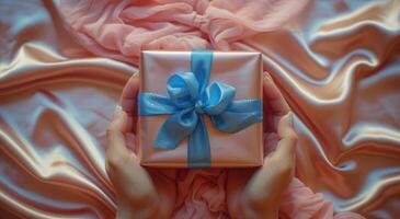 AI generated two hand holding a pink present with blue ribbon photo