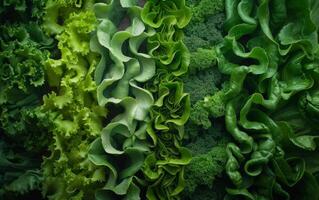 AI generated various different types of lettuce with rows in the field photo