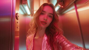 AI generated Young beautiful girl in a shiny top takes a selfie while standing in an elevator photo