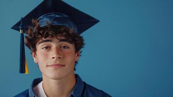 ai generado joven hermoso chico vistiendo un graduación gorra mirando a el cámara y sonriente en contra un minimalista azul antecedentes foto