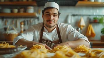AI generated Young chef preparing pasta in his kitchen making photo