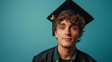 ai generado joven hermoso chico vistiendo un graduación gorra mirando a el cámara y sonriente en contra un minimalista azul antecedentes foto