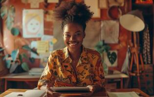 AI generated young smiling girl standing at desk with tablet for writing photo