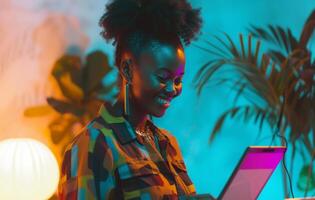 AI generated young smiling girl standing at desk with tablet for writing photo