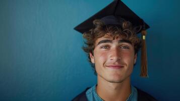 AI generated Young handsome guy wearing a graduation cap looking at the camera and smiling against a minimalistic blue background photo