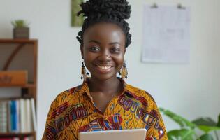 AI generated young smiling girl standing at desk with tablet for writing photo