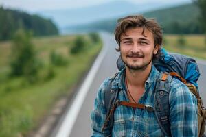 ai generado joven hombre sonriente en el la carretera con mochila en verdor campo foto