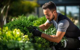 AI generated a man taking care of greenery and shrubs photo
